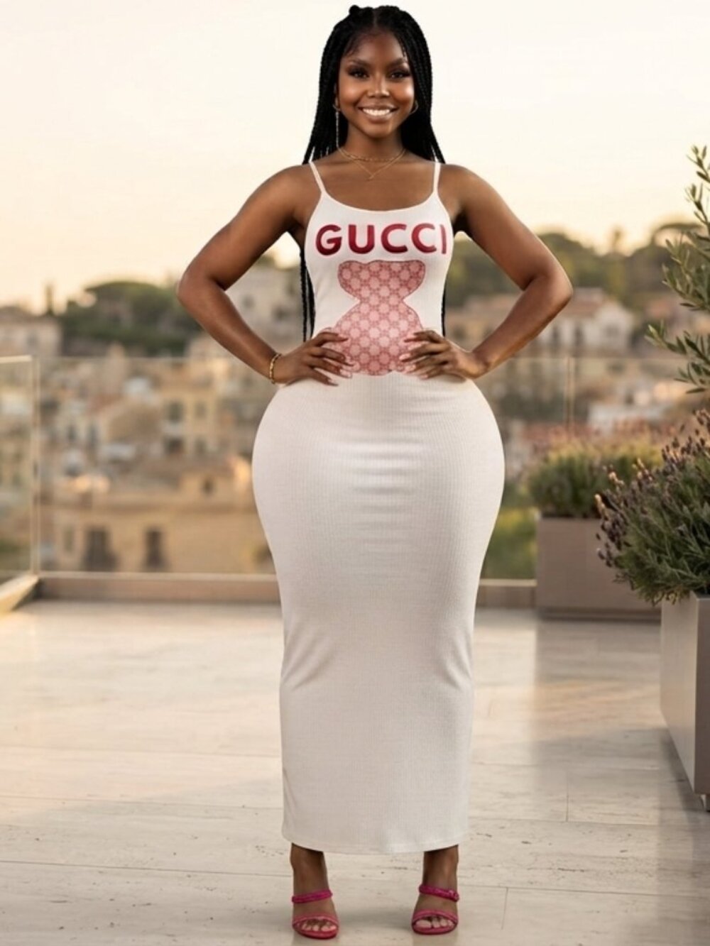 Women's White and Pink Casual-dress